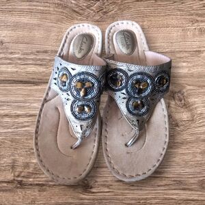 Clarks Artisan Gold Jeweled Beaded Leather Slide Thong Sandal Shoes‎ Womens 9 M